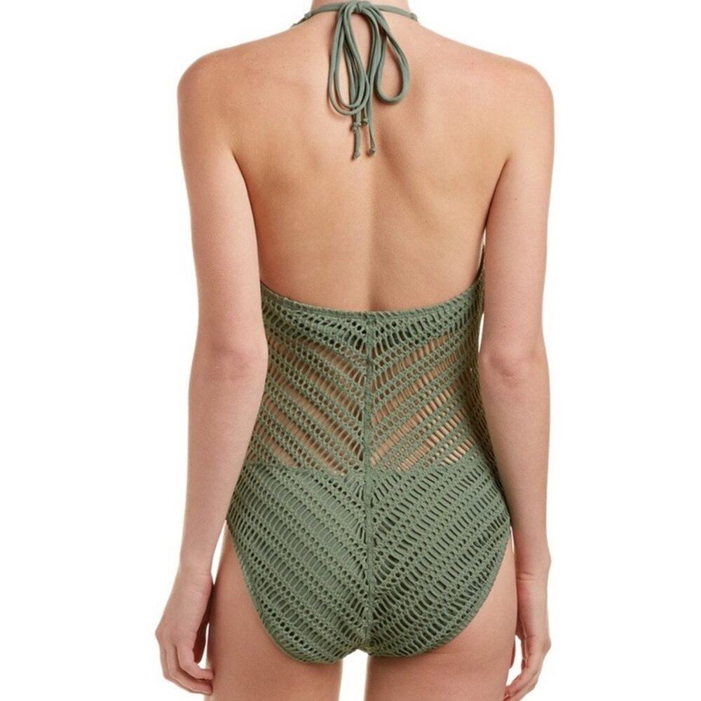 Robin Piccone Sophia Crochet One Piece Swimsuit Sage Green Cut Out Sz 8 - Picture 7 of 13